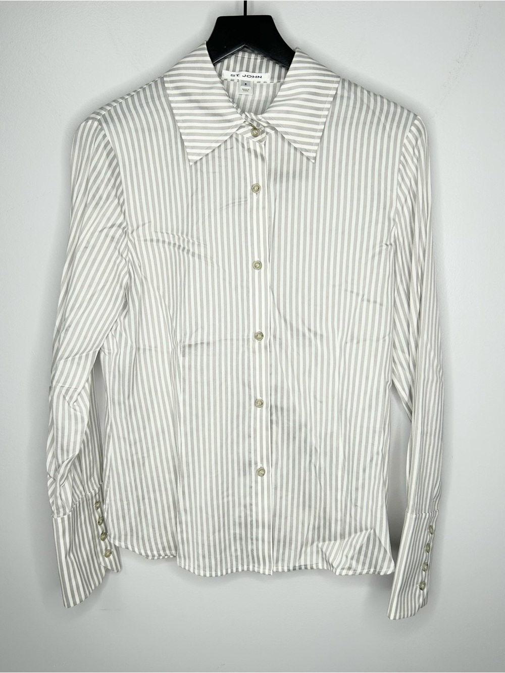 St. John Gray White Striped Cotton Silk Button Down Blouse Size 8
